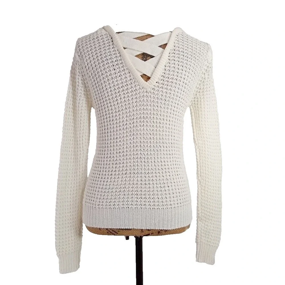 Panhandle Sweater SMALL Cream Open Knit Stretch Crisscross Back Long Sleeve‎ LN